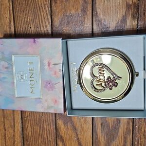 Monet Compact Double Mirror Gold Tone Crystal Floral MOM